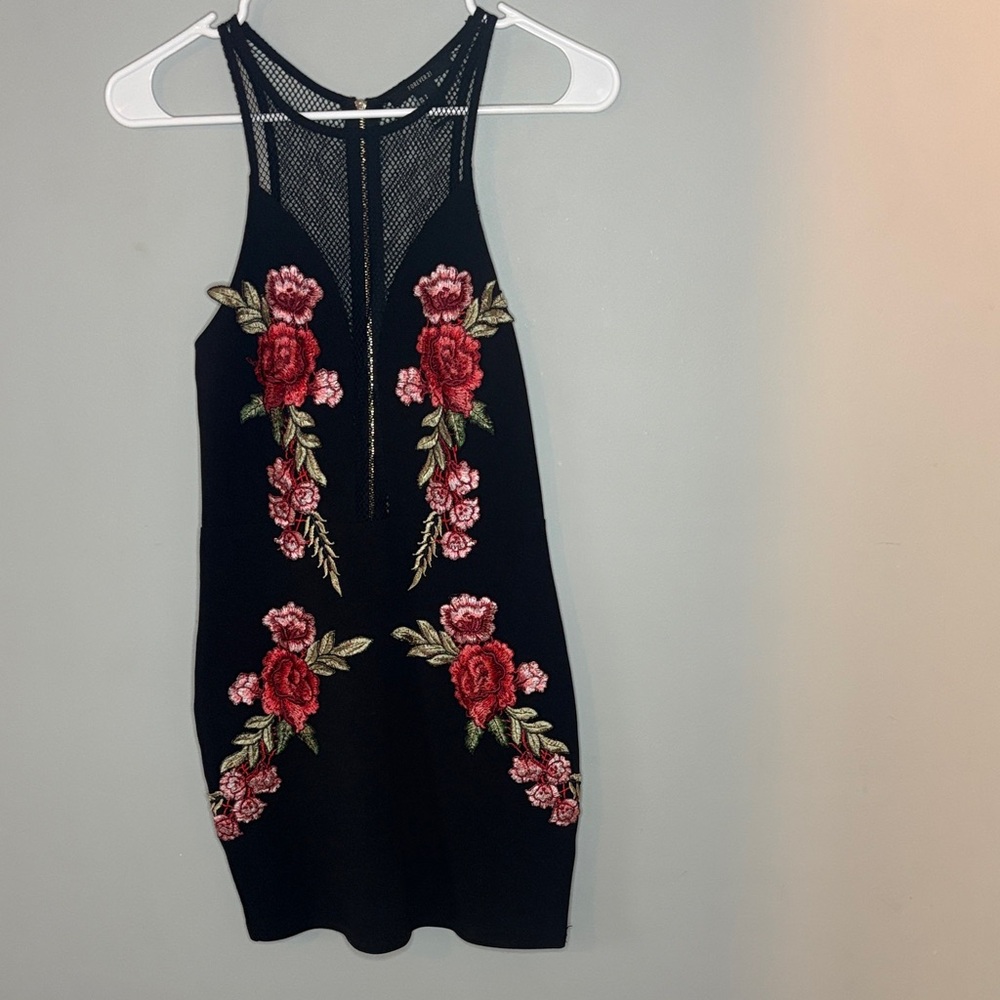 Forever 21 Black Dress with Red Floral Embroidery